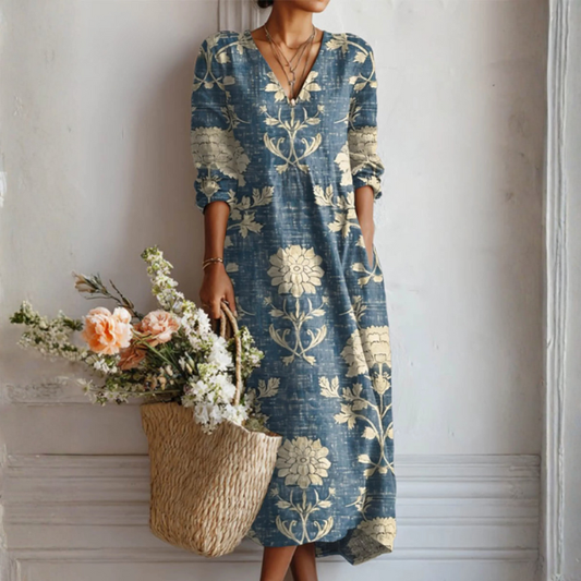 MOREAU LYON | WOMEN'S ANTIQUE FLORAL LINEN MIDI DRESS