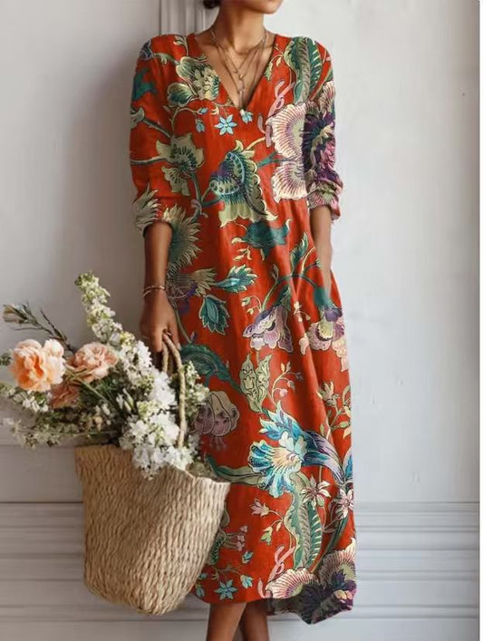 VESTIDO VINTAGE DE LINO CON ESTAMPADO FLORAL PARA MUJER